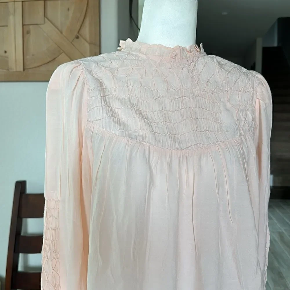 NWOT Free People Smocked In Time Top Ruffled High Neck Long Sleeves XS Feminine